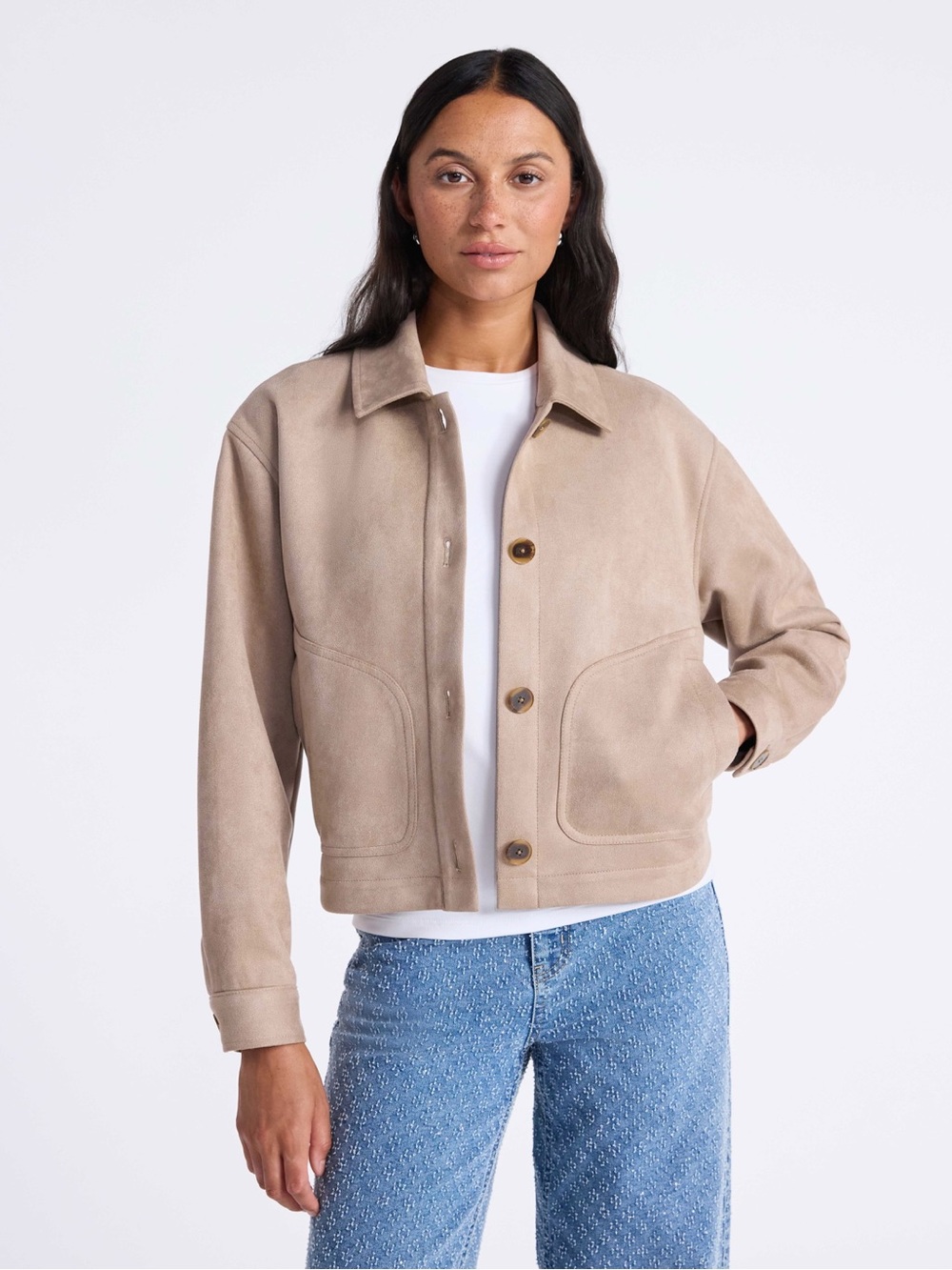 Time and Tru Women's Light Tan Suede-Look Button Front Jacket